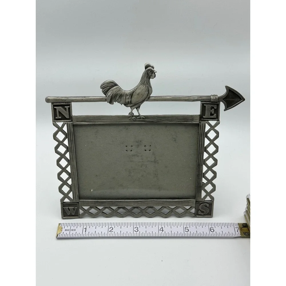 Vintage Rooster Weathervane Picture Frame Pewter Metal Farmhouse Decor 3.5x5